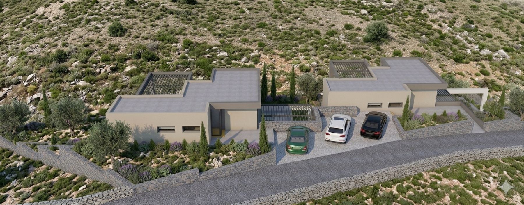 Aerial render of both villas from the access road