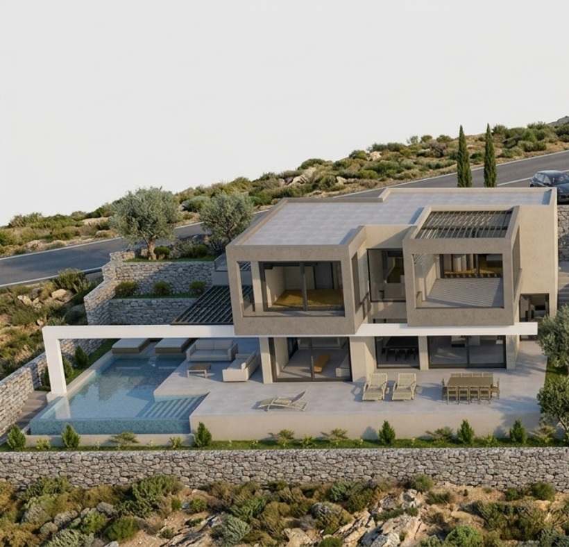 Render of Villa Thalassa with its infinity pool and stone terrace